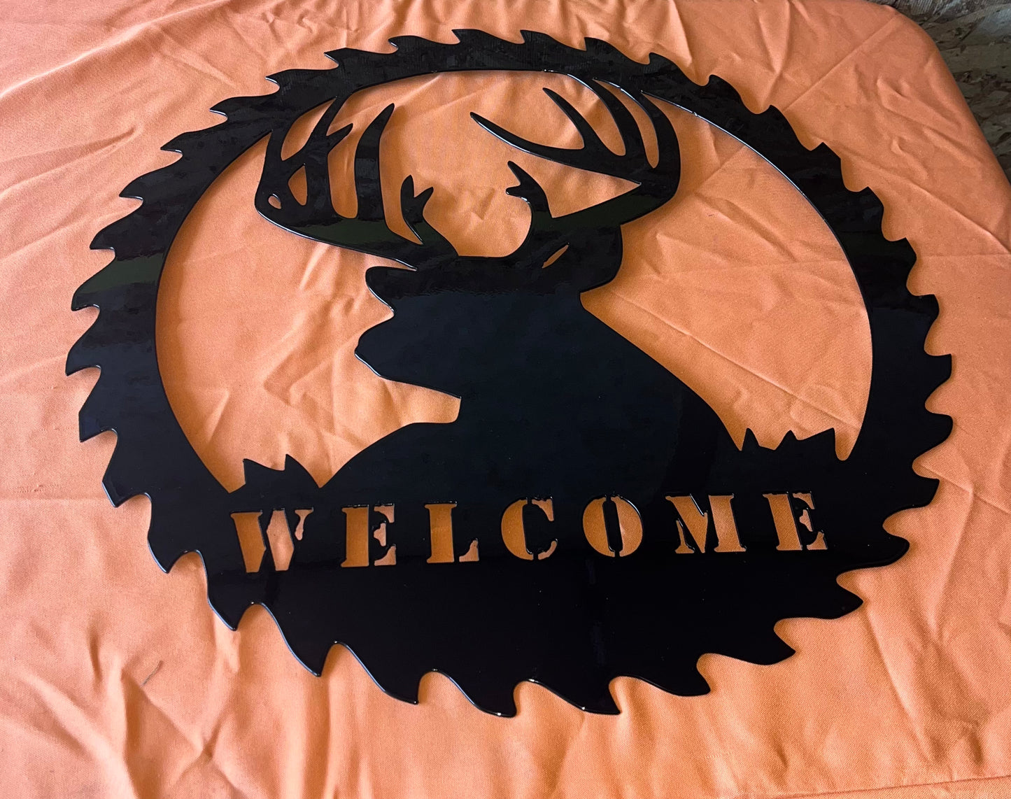 Rustic Deer Saw Blade Metal Wall Art – “Welcome” Sign